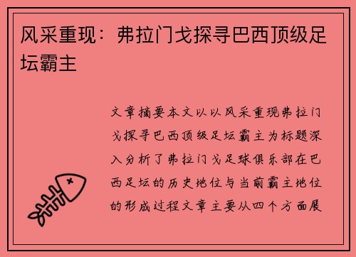 风采重现:弗拉门戈探寻巴西顶级足坛霸主 风采重现:弗拉门戈探寻巴西顶级足坛霸主