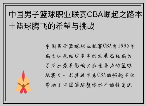 中国男子篮球职业联赛CBA崛起之路本土篮球腾飞的希望与挑战 中国男子篮球职业联赛CBA崛起之路本土篮球腾飞的希望与挑战