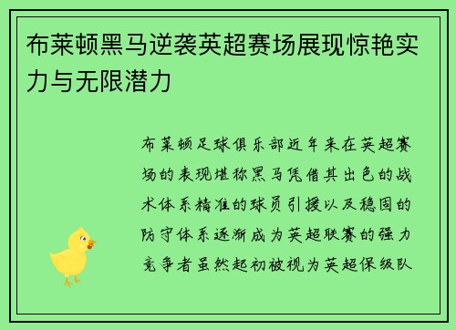 布莱顿黑马逆袭英超赛场展现惊艳实力与无限潜力 布莱顿黑马逆袭英超赛场展现惊艳实力与无限潜力