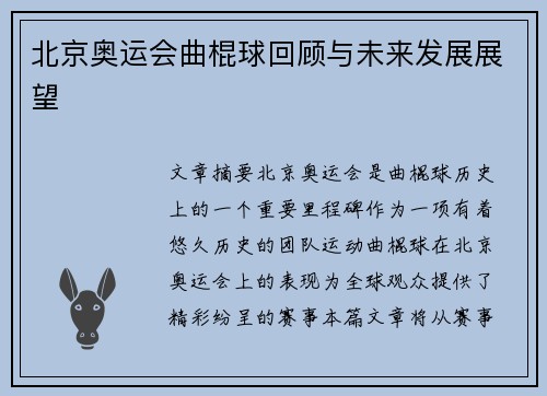 北京奥运会曲棍球回顾与未来发展展望